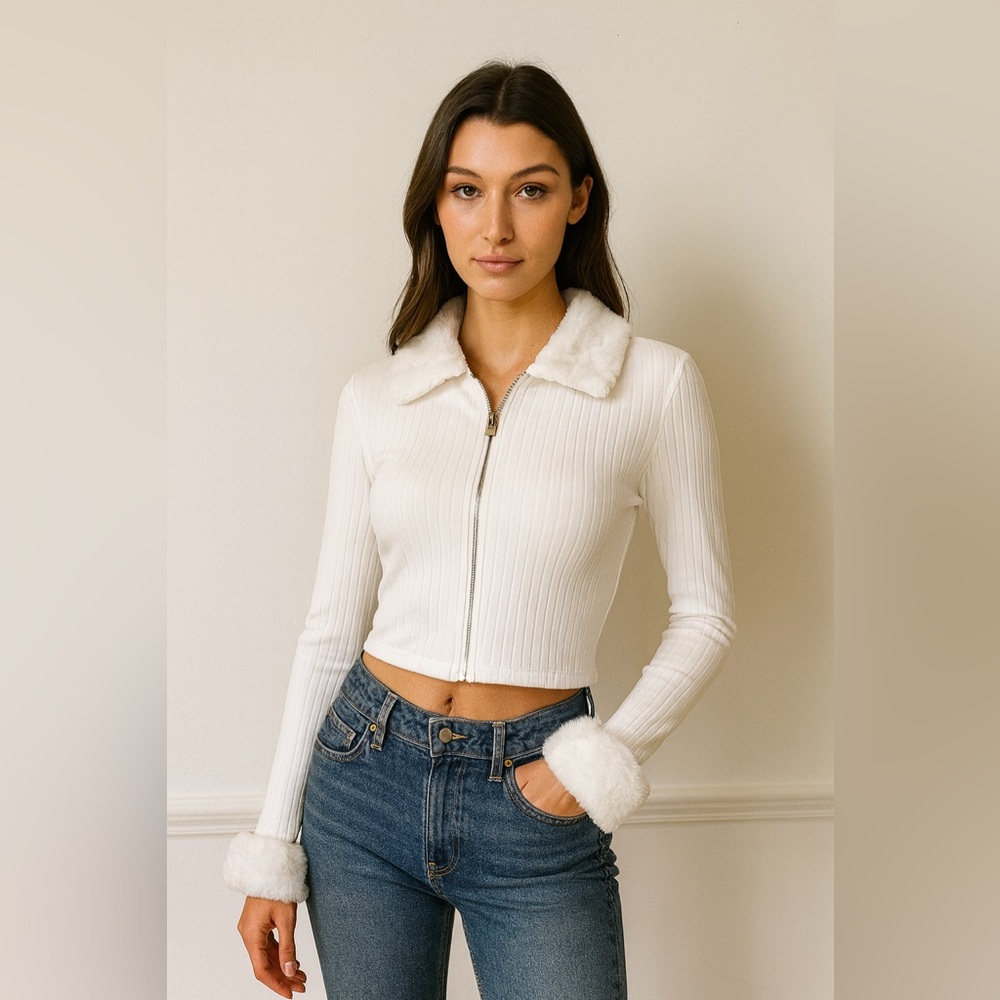 SHEIN White Fuzzy Trim Cardigan